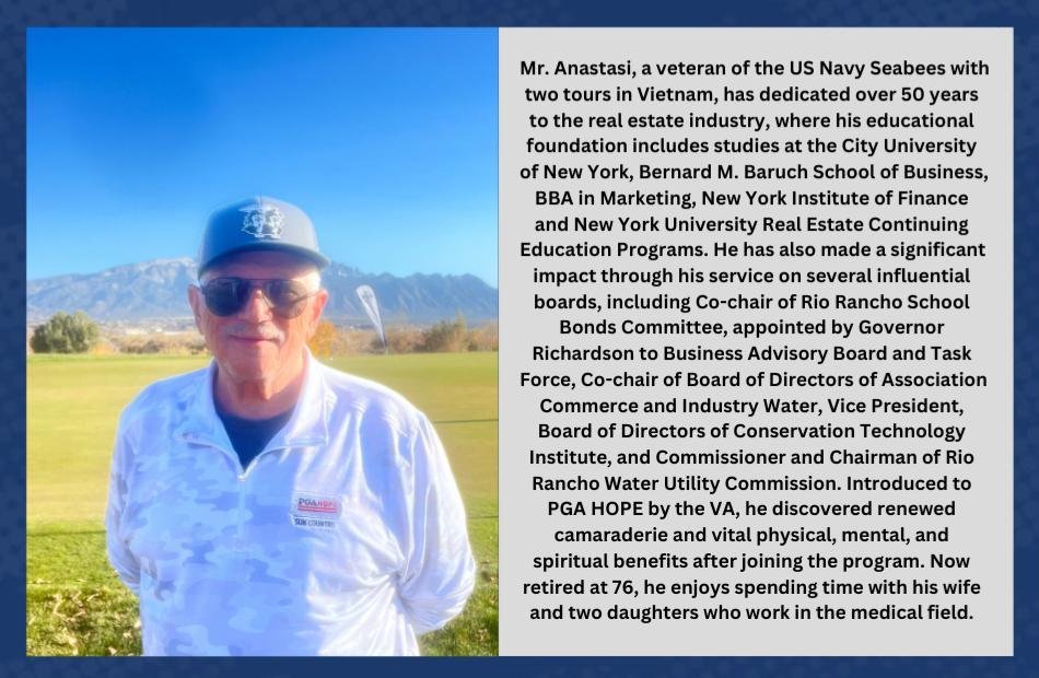 Tony Anastasi, PGA HOPE Squad Leader, with his biography. The full text follows the image.
